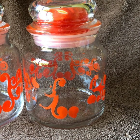 Vintage MoD Glass Jars with Orange Swirl Design set of 2 - Picture 2 of 9